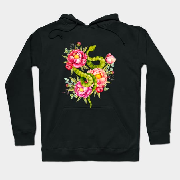 Peony Blossoms, Buds And A Green Garden Snake Hoodie by LittleBunnySunshine